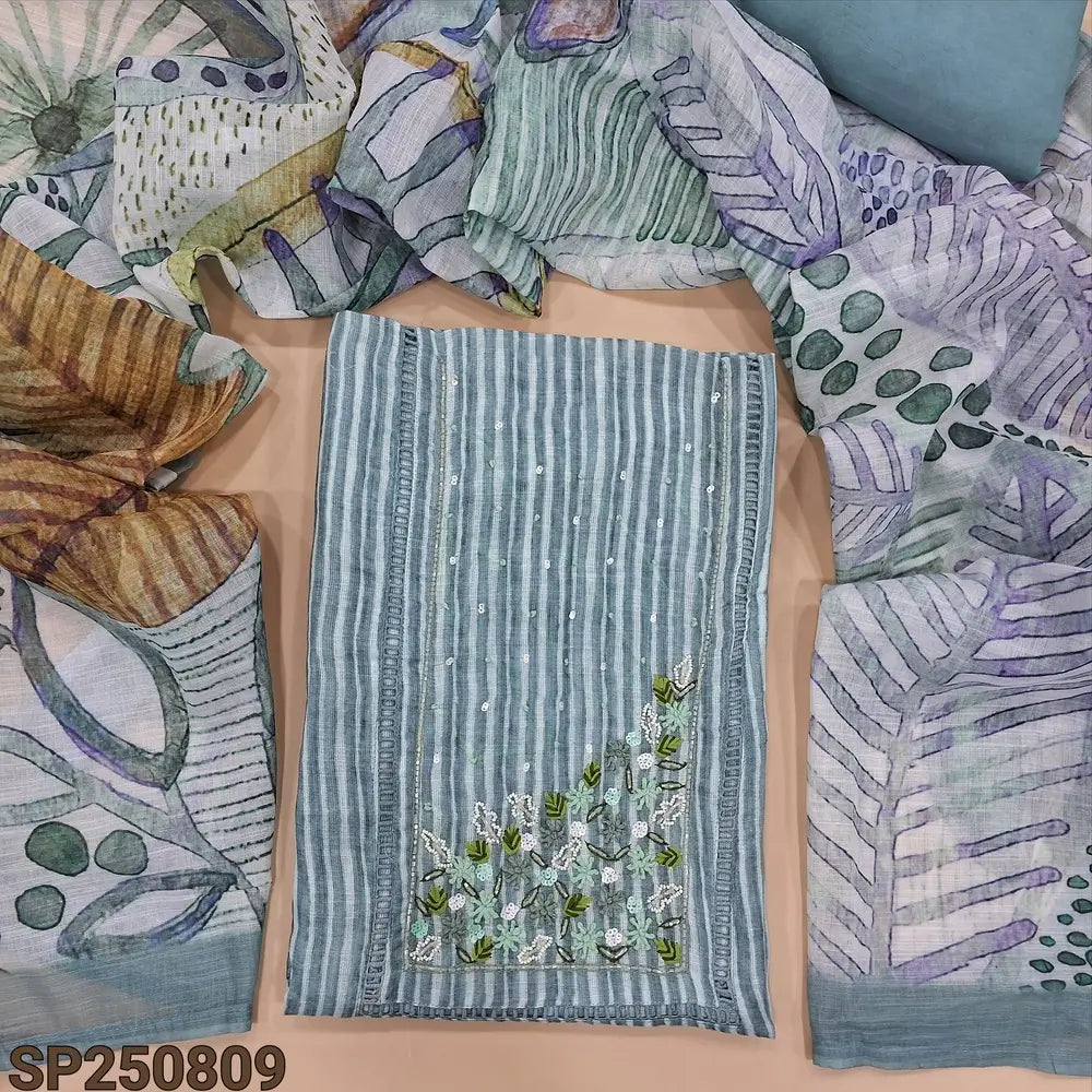 Bluish grey vertical printed semi linen unstitched salwar material, hand embroidery& bead work on yoke(thin, lining needed)matching santoon bottom, abstract printed semi linen dupatta with silver tissue borders. CODE SP250809