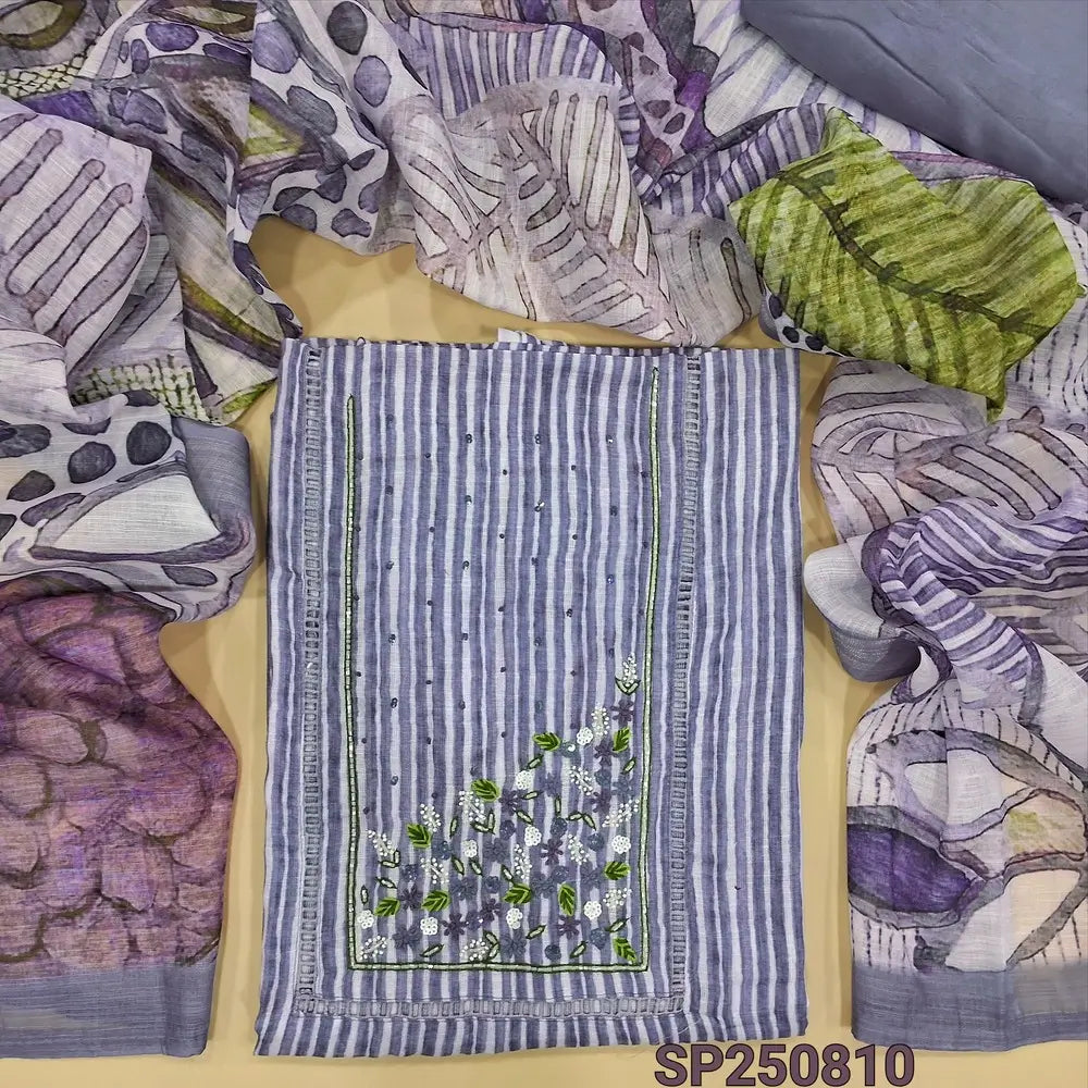 Dark purple vertical printed semi linen unstitched salwar material, hand embroidery& bead work on yoke(thin, lining needed)matching santoon bottom, abstract printed semi linen dupatta with silver tissue borders. CODE SP250810