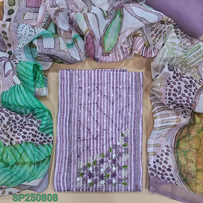 Mauve vertical printed semi linen unstitched salwar material, hand embroidery& bead work on yoke(thin, lining needed)matching santoon bottom, abstract printed semi linen dupatta with silver tissue borders. CODE SP250808