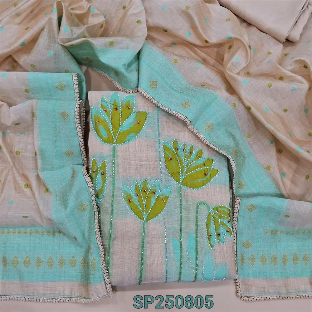 Rich beige jamdani woven soft silk cotton unstitched salwar material, bead& zardozi work on front(thin, lining needed)matching santoon bottom, jamdani woven soft silk cotton dupatta with lace tapings. CODE SP250805