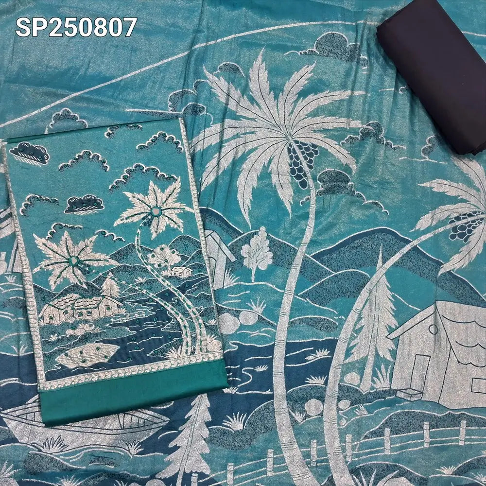 Light blue satin cotton unstitched salwar material, tissue silk yoke patch with real mirror& kantha stitch(lining optional)black cotton bottom, printed fancy tissue silk dupatta with zari weaving. CODE SP250807