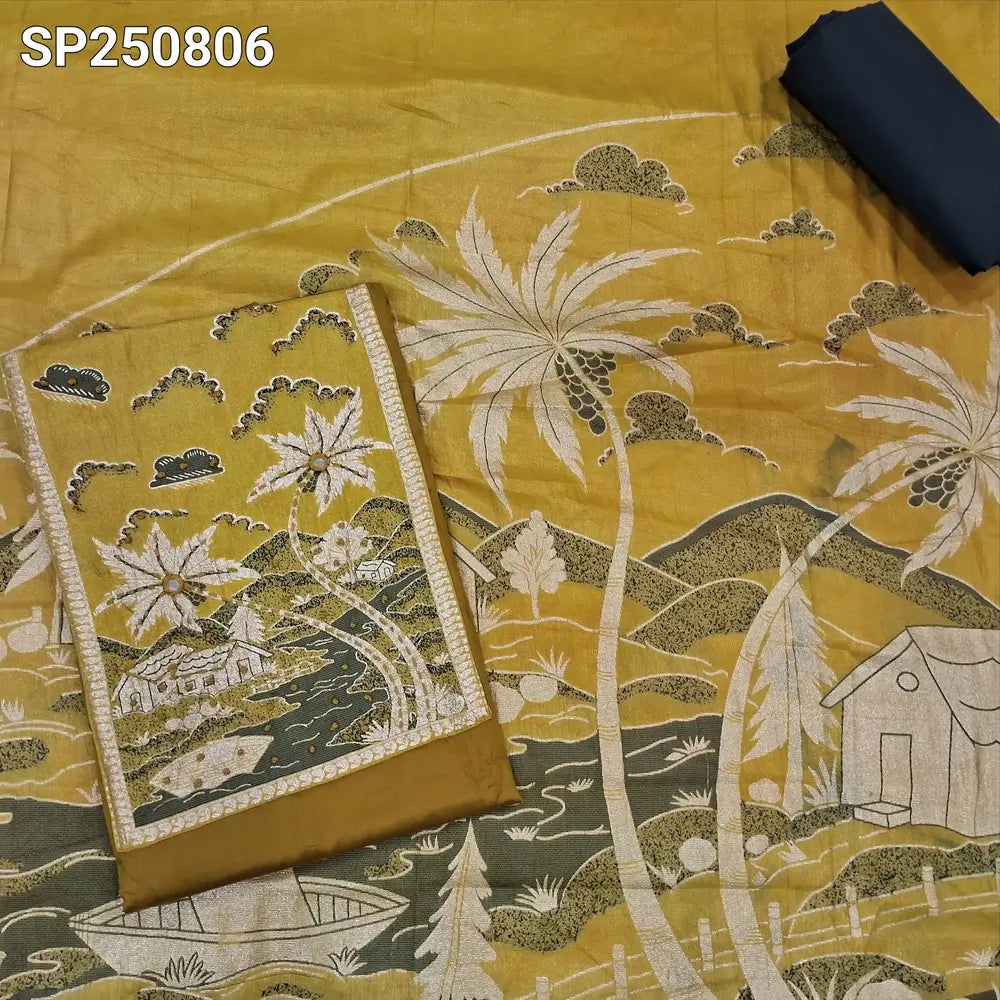 Mehandhi yellow satin cotton unstitched salwar material, tissue silk yoke patch with real mirror& kantha stitch(lining optional)black cotton bottom, printed fancy tissue silk dupatta with zari weaving. CODE SP250806