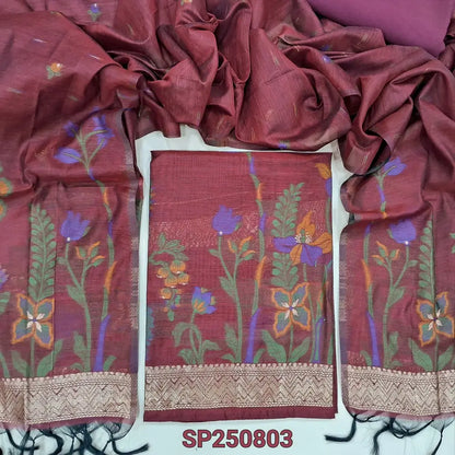 Dark maroon jamdani woven soft silk cotton unstitched salwar material(thin, lining needed)matching santoon bottom, jamdani woven soft silk cotton full length dupatta with tassels. CODE SP250803
