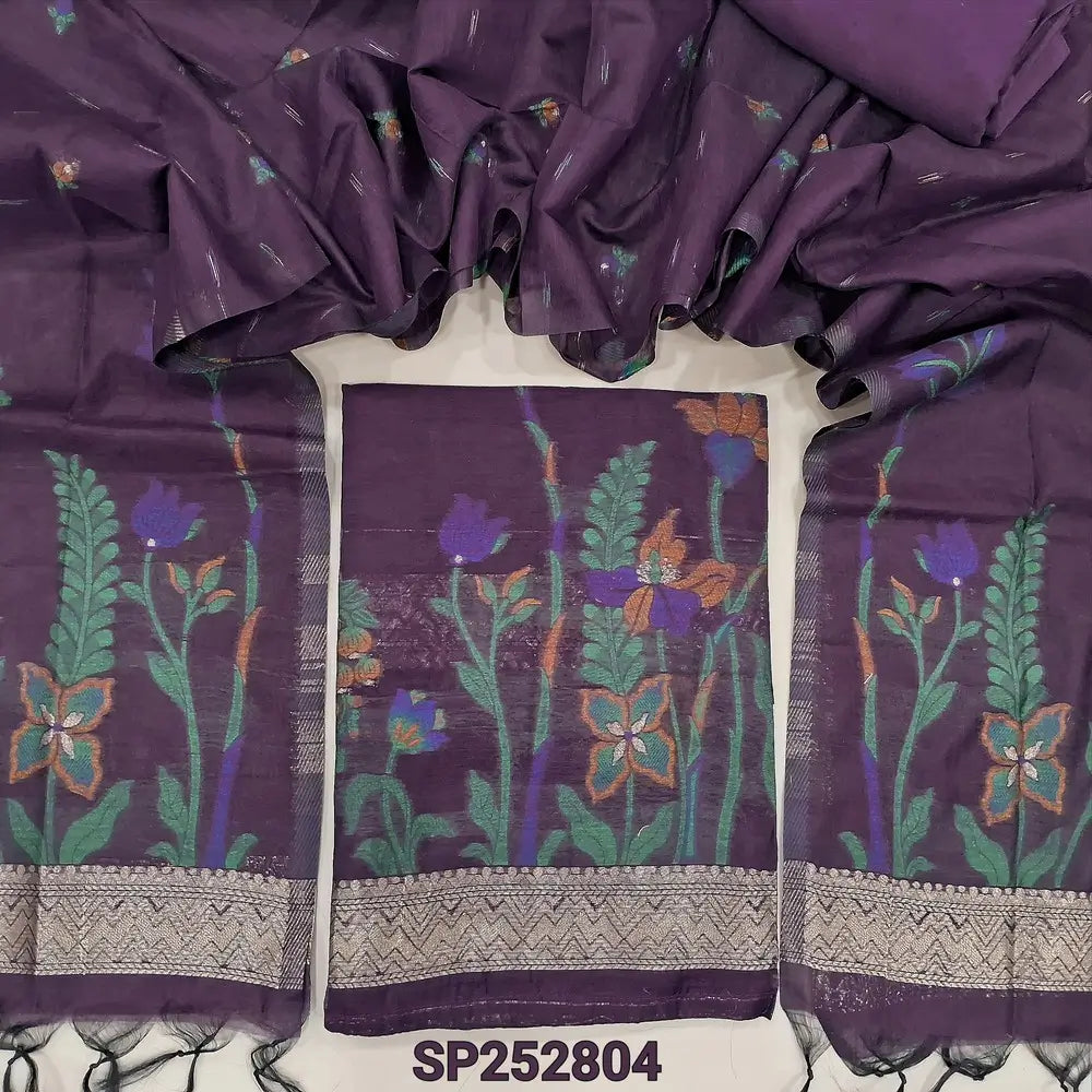 Dark purple jamdani woven soft silk cotton unstitched salwar material(thin, lining needed)matching santoon bottom, jamdani woven soft silk cotton full length dupatta with tassels. CODE SP250804