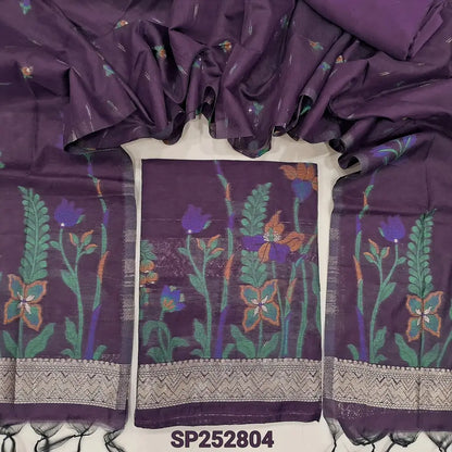 Dark purple jamdani woven soft silk cotton unstitched salwar material(thin, lining needed)matching santoon bottom, jamdani woven soft silk cotton full length dupatta with tassels. CODE SP250804