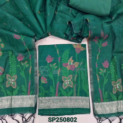 Teal green jamdani woven soft silk cotton unstitched salwar material(thin, lining needed)matching santoon bottom, jamdani woven soft silk cotton full length dupatta with tassels. CODE SP250802