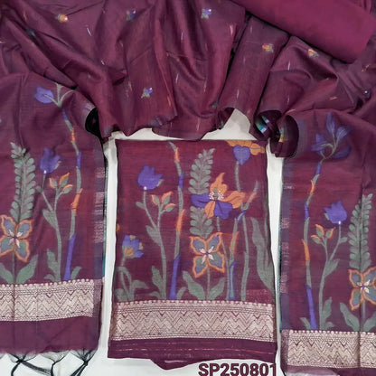 Beetroot purple jamdani woven soft silk cotton unstitched salwar material(thin, lining needed)matching santoon bottom, jamdani woven soft silk cotton full length dupatta with tassels. CODE SP250801