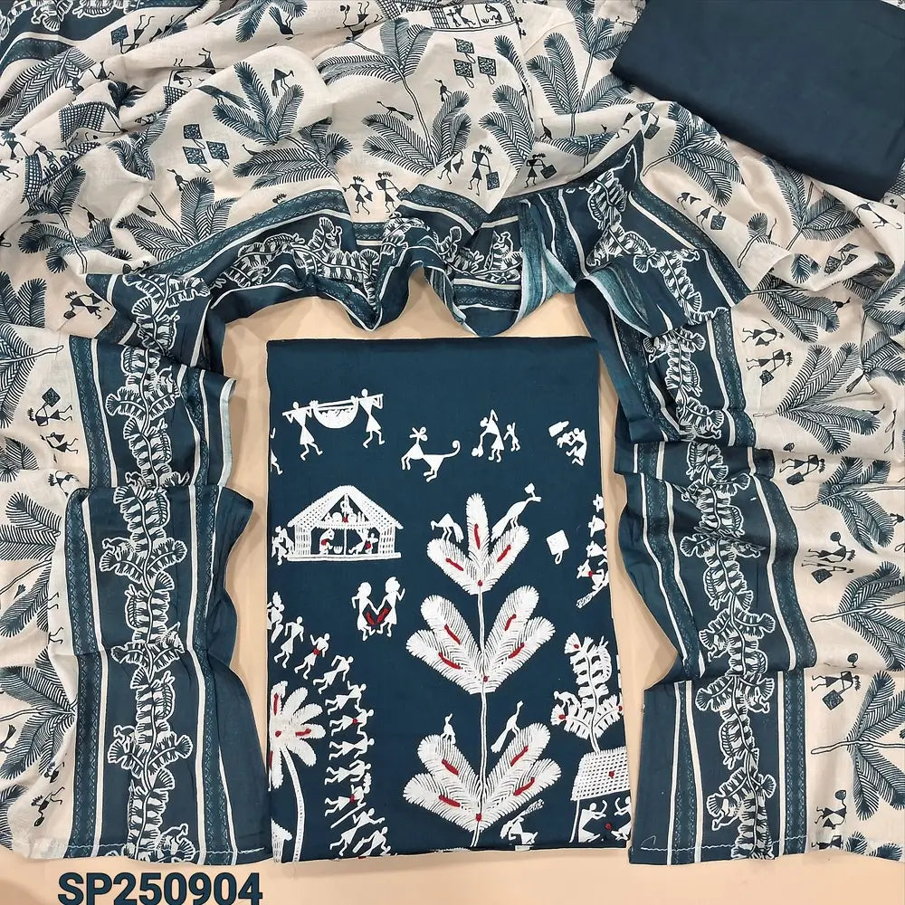 Teal blue warli printed satin cotton unstitched salwar material, thread & sequins work on daman(lining optional)matching spun cotton bottom, printed pure soft cotton full length dupatta. CODE SP250904