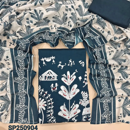 Teal blue warli printed satin cotton unstitched salwar material, thread & sequins work on daman(lining optional)matching spun cotton bottom, printed pure soft cotton full length dupatta. CODE SP250904