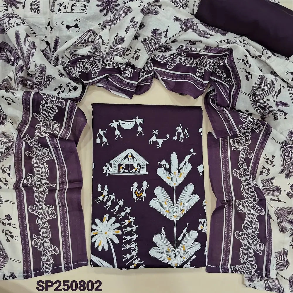 Dark purple warli printed satin cotton unstitched salwar material, thread & sequins work on daman(lining optional)matching spun cotton bottom, printed pure soft cotton full length dupatta. CODE SP250902