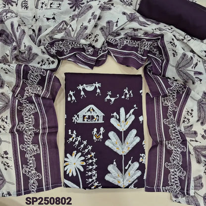 Dark purple warli printed satin cotton unstitched salwar material, thread & sequins work on daman(lining optional)matching spun cotton bottom, printed pure soft cotton full length dupatta. CODE SP250902