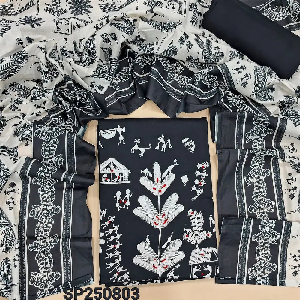 Dark blue warli printed satin cotton unstitched salwar material, thread & sequins work on daman(lining optional)matching spun cotton bottom, printed pure soft cotton full length dupatta. CODE SP250903