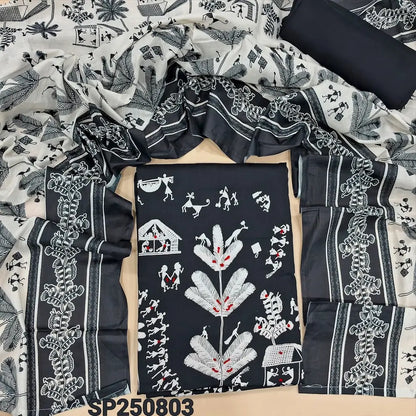 Dark blue warli printed satin cotton unstitched salwar material, thread & sequins work on daman(lining optional)matching spun cotton bottom, printed pure soft cotton full length dupatta. CODE SP250903