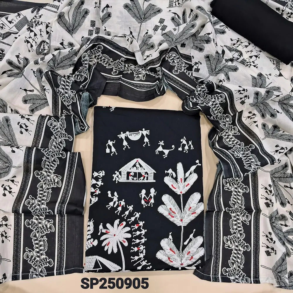 Black warli printed satin cotton unstitched salwar material, thread & sequins work on daman(lining optional)matching spun cotton bottom, printed pure soft cotton full length dupatta. CODE SP250905