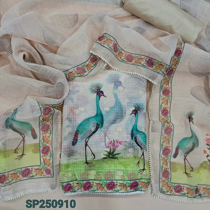 Light beige designer printed fancy kota silk cotton unstitched salwar material, bead& zardozi work on front, zari buttas all over(thin, lining needed)matching spun cotton bottom, printed fancy silk cotton dupatta with lace tapings. CODE SP250910