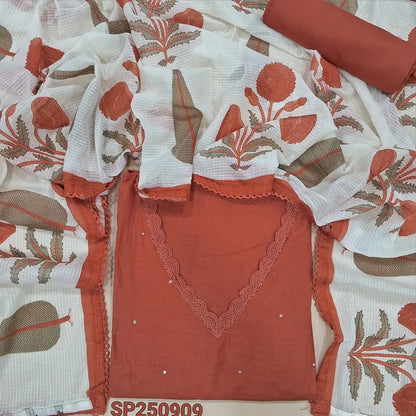 Brick red pure mul chanderi unstitched salwar material, v neck with lace work, faux mirror work on front(lining needed)matching santoon bottom, hand block printed pure kota cotton dupatta with lace tapings. CODE SP250909