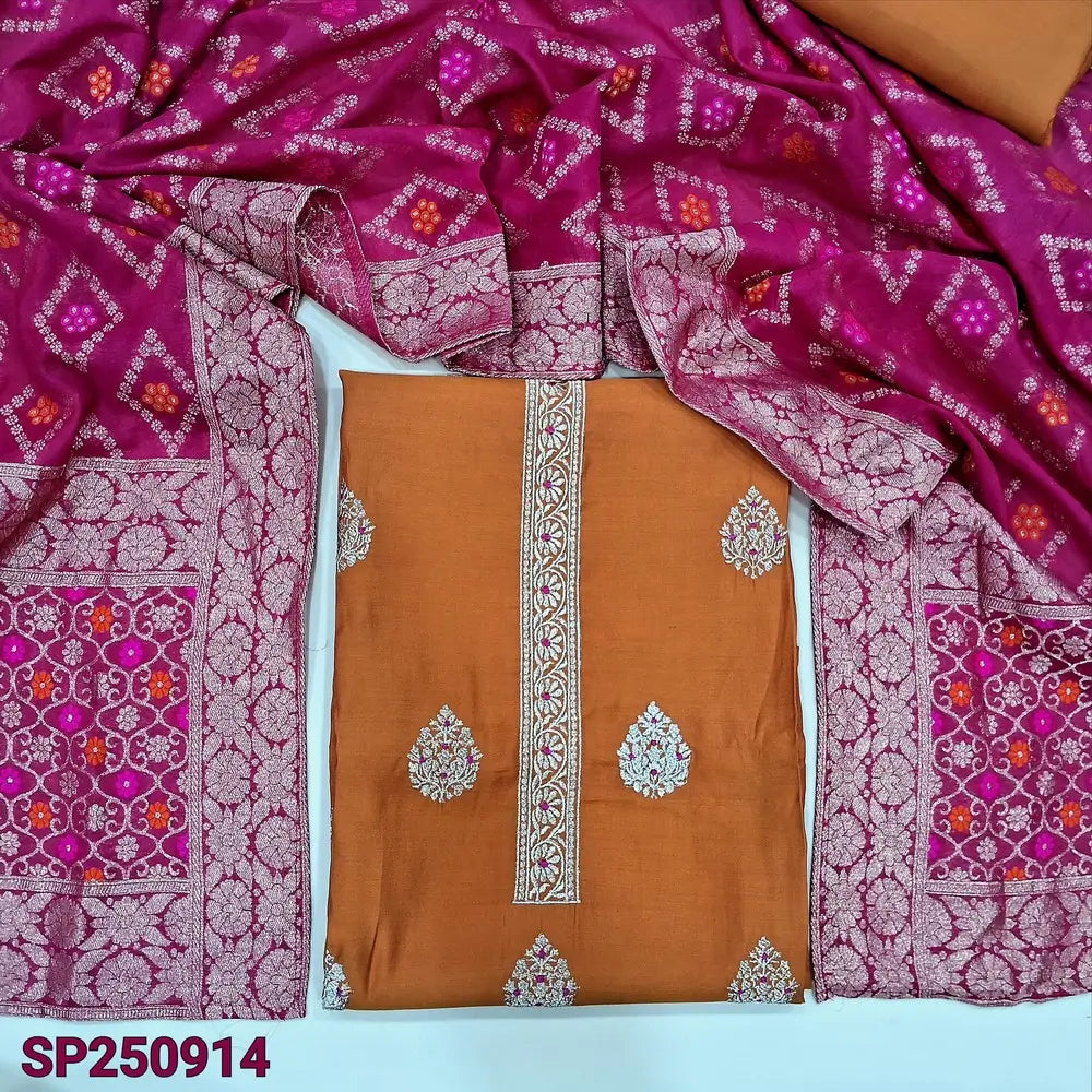 Rust orange soft silk cotton unstitched salwar material, zari embroidery on front(thin, lining needed)matching silk cotton bottom, silk cotton dupatta rich meenakari zari woven design. CODE SP250914
