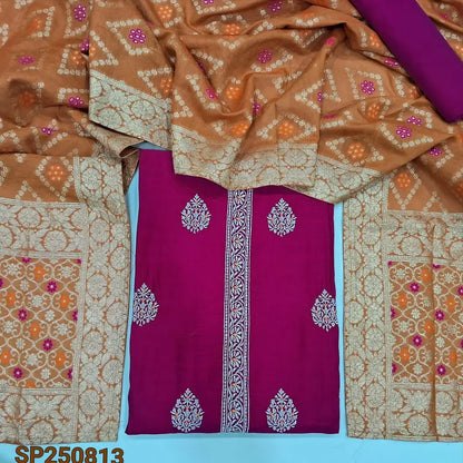 Dark pink soft silk cotton unstitched salwar material, zari embroidery on front(thin, lining needed)matching silk cotton bottom, silk cotton dupatta rich meenakari zari woven design. CODE SP250913