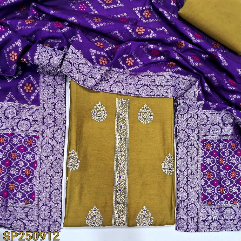 Mehandhi yellow soft silk cotton unstitched salwar material, zari embroidery on front(thin, lining needed)matching silk cotton bottom, silk cotton dupatta rich meenakari zari woven design. CODE SP250912
