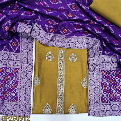 Mehandhi yellow soft silk cotton unstitched salwar material, zari embroidery on front(thin, lining needed)matching silk cotton bottom, silk cotton dupatta rich meenakari zari woven design. CODE SP250912