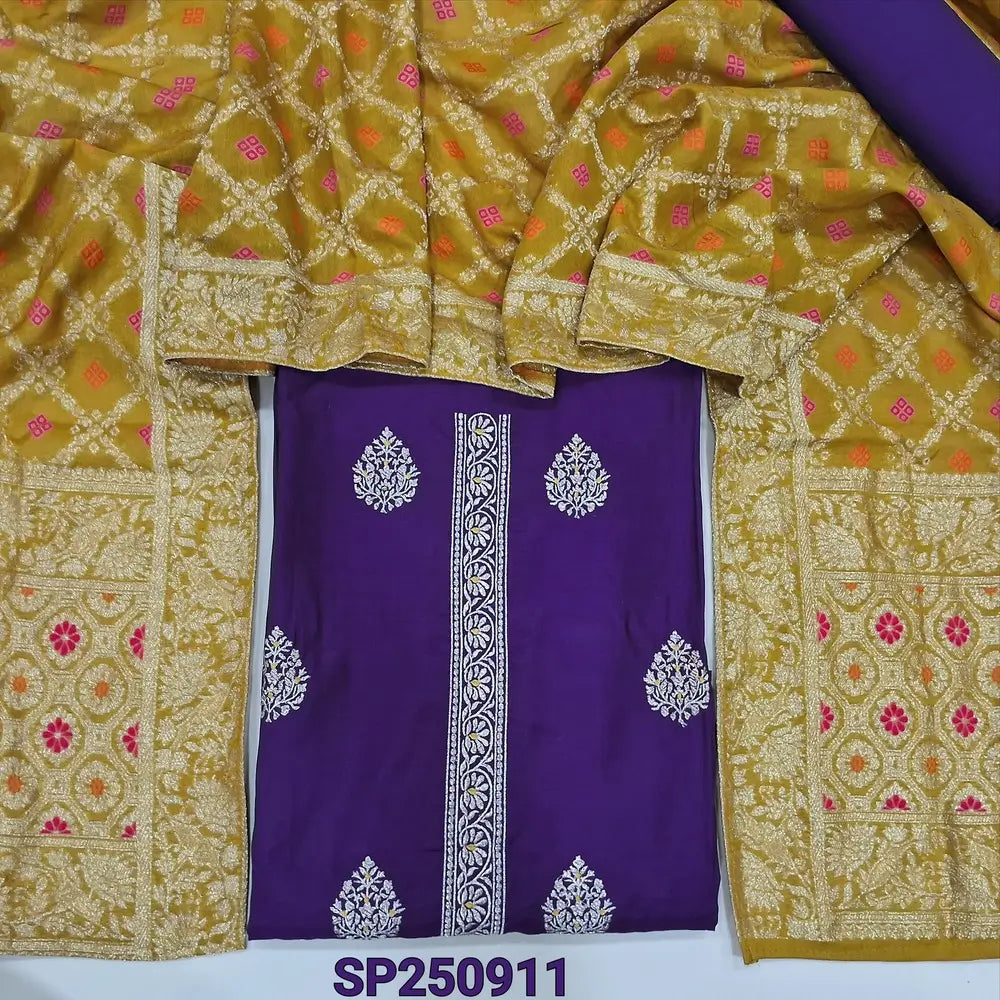 Violet soft silk cotton unstitched salwar material, zari embroidery on front(thin, lining needed)matching silk cotton bottom, silk cotton dupatta rich meenakari zari woven design. CODE SP250911