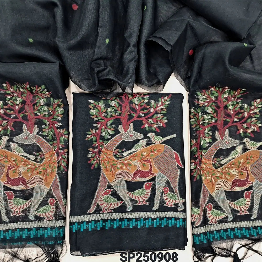 Black jamdani woven premium silk cotton unstitched salwar material, deer design on front(thin, lining needed)matching silk cotton bottom, jamdani woven premium silk cotton full length dupatta with tassels. CODE SP250908