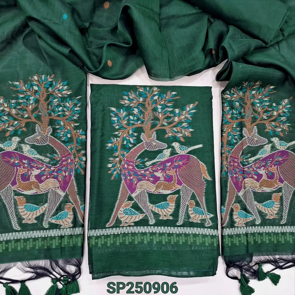 Bottle green jamdani woven premium silk cotton unstitched salwar material, deer design on front(thin, lining needed)matching silk cotton bottom, jamdani woven premium silk cotton full length dupatta with tassels. CODE SP250906