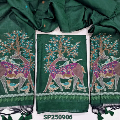 Bottle green jamdani woven premium silk cotton unstitched salwar material, deer design on front(thin, lining needed)matching silk cotton bottom, jamdani woven premium silk cotton full length dupatta with tassels. CODE SP250906