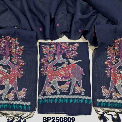 Dark blue jamdani woven premium silk cotton unstitched salwar material, deer design on front(thin, lining needed)matching silk cotton bottom, jamdani woven premium silk cotton full length dupatta with tassels. CODE SP250907