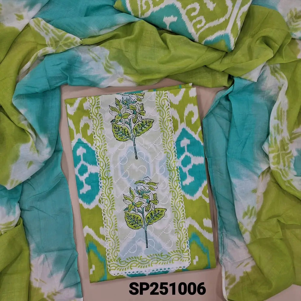 Light green printed soft cotton unstitched salwar material, block printed yoke(lining needed)printed cotton bottom, shibori dyed dual shaded pure cotton dupatta(REQUIRES TAPINGS). CODE SP251006