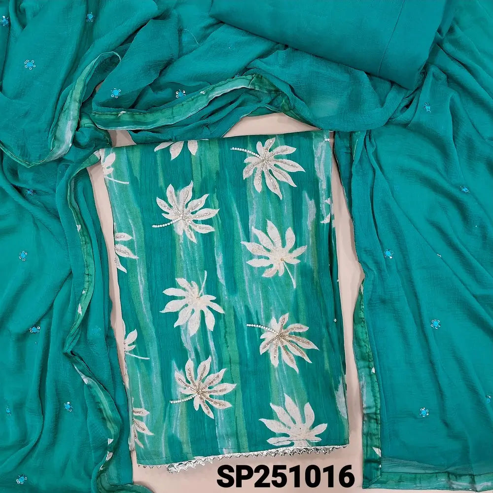 Turquoise Blue leafy printed satin cotton unstitched salwar material, bead work on front(lining optional)matching spun cotton bottom, fancy chiffon dupatta with thread& sequins work with tapings. CODE SP251016