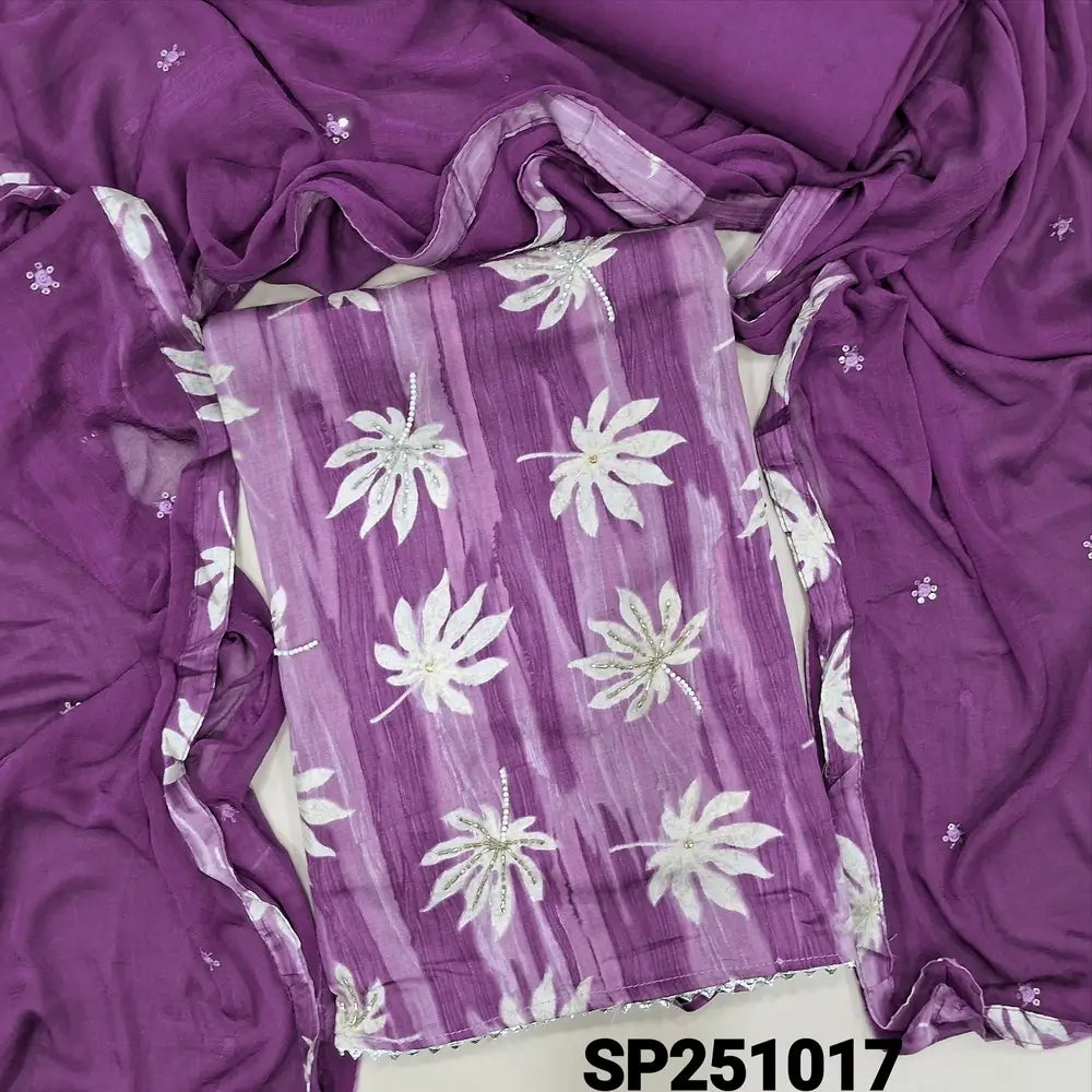 Dark and light mavue shade leafy printed satin cotton unstitched salwar material, bead work on front(lining optional)matching spun cotton bottom, fancy chiffon dupatta with thread& sequins work with tapings. CODE SP251017