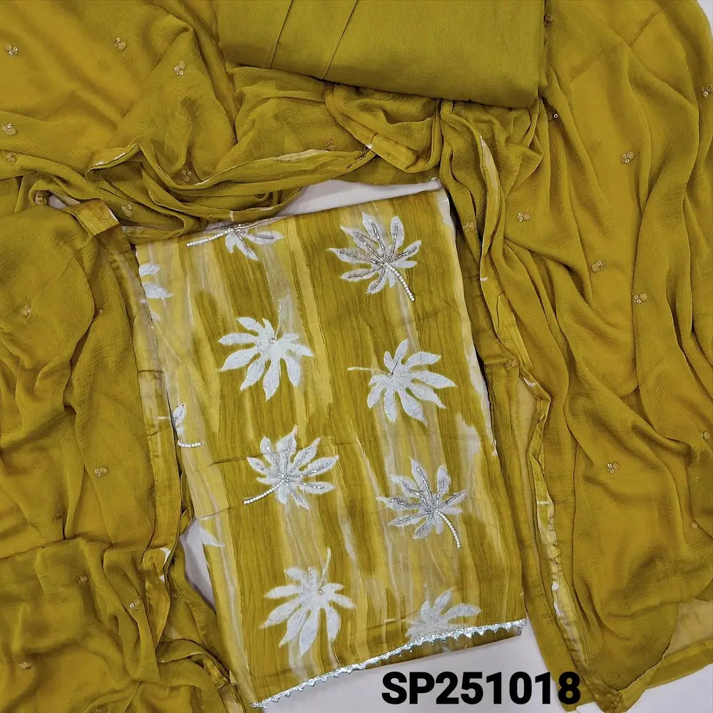 Mehandhi Yellow leafy printed satin cotton unstitched salwar material, bead work on front(lining optional)matching spun cotton bottom, fancy chiffon dupatta with thread& sequins work with tapings. CODE SP251018