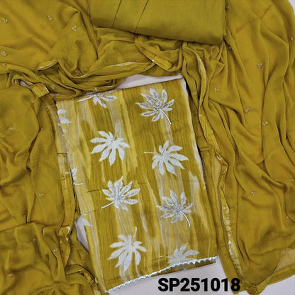 Mehandhi Yellow leafy printed satin cotton unstitched salwar material, bead work on front(lining optional)matching spun cotton bottom, fancy chiffon dupatta with thread& sequins work with tapings. CODE SP251018
