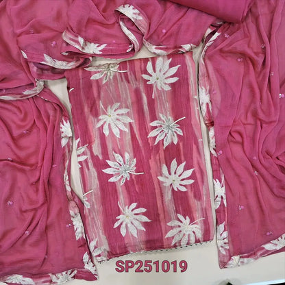Peachish pink leafy printed satin cotton unstitched salwar material, bead work on front(lining optional)matching spun cotton bottom, fancy chiffon dupatta with thread& sequins work with tapings. CODE SP251019