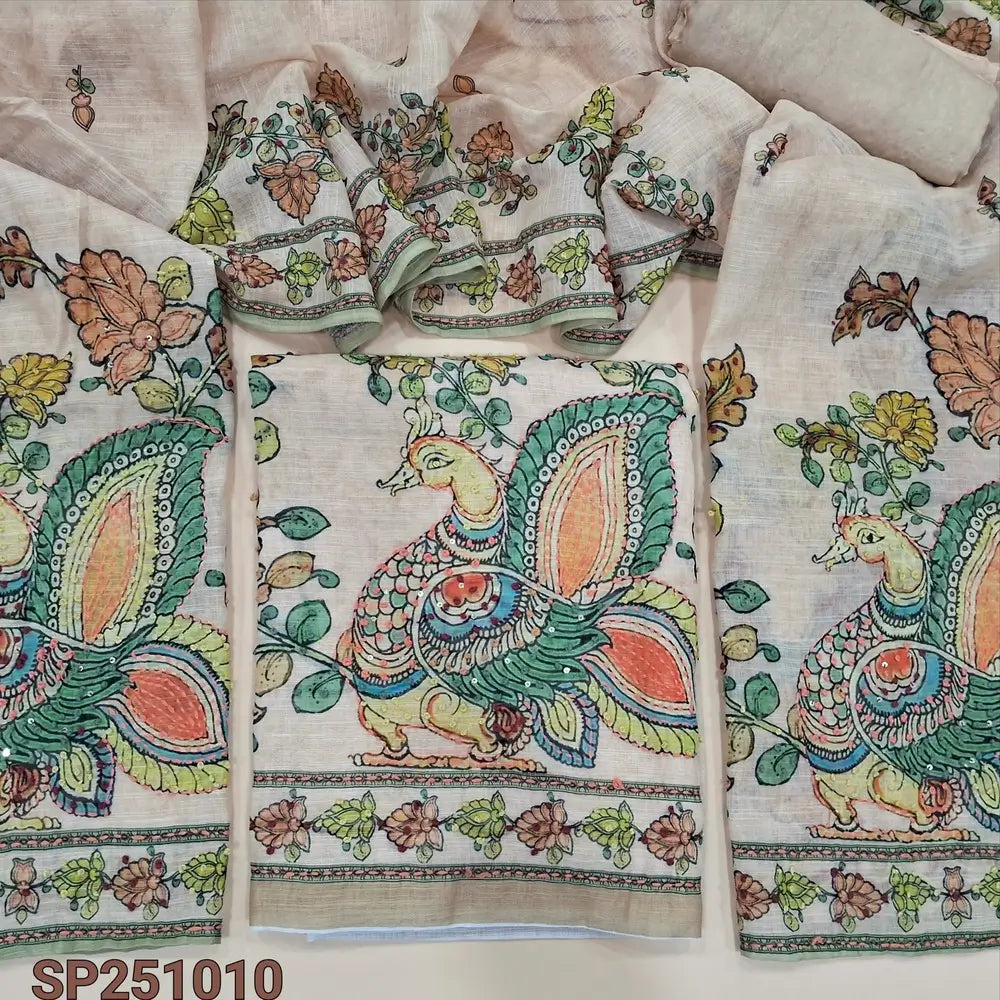 Beige designer premium linen unstitched salwar material, yellow kalamkari printed with rich thread work on front(thin, lining needed)matching santoon bottom, kalamkari printed short width dupatta with hand embroidey. CODE SP251010
