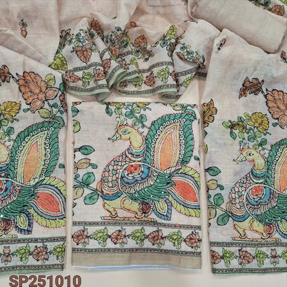 Beige designer premium linen unstitched salwar material, yellow kalamkari printed with rich thread work on front(thin, lining needed)matching santoon bottom, kalamkari printed short width dupatta with hand embroidey. CODE SP251010
