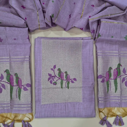 Lavender designer jamdani woven premium silk cotton unstitched salwar material, paithani weaving on yoke(lining needed)matching silk cotton bottom, jamdani woven premium silk cotton dupatta with paithani weaving pallu. CODE SP251001