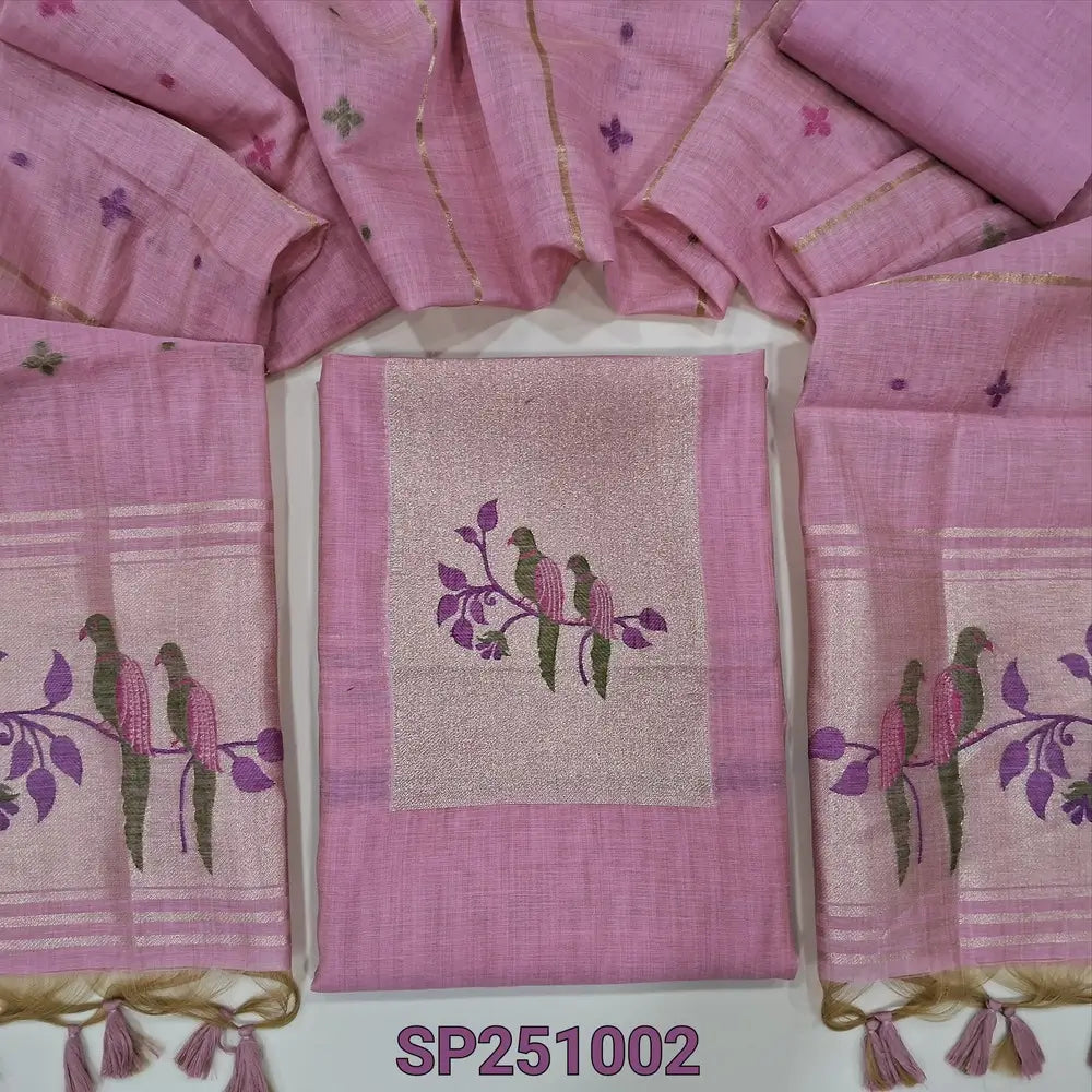 Pastel pink designer jamdani woven premium silk cotton unstitched salwar material, paithani weaving on yoke(lining needed)matching silk cotton bottom, jamdani woven premium silk cotton dupatta with paithani weaving pallu. CODE SP251002