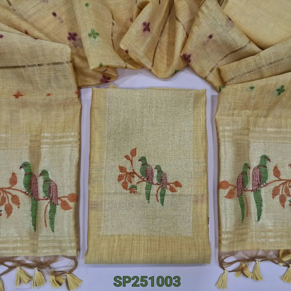 Yellowish beige designer jamdani woven premium silk cotton unstitched salwar material, paithani weaving on yoke(lining needed)matching silk cotton bottom, jamdani woven premium silk cotton dupatta with paithani weaving pallu. CODE SP251003