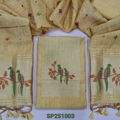 Yellowish beige designer jamdani woven premium silk cotton unstitched salwar material, paithani weaving on yoke(lining needed)matching silk cotton bottom, jamdani woven premium silk cotton dupatta with paithani weaving pallu. CODE SP251003