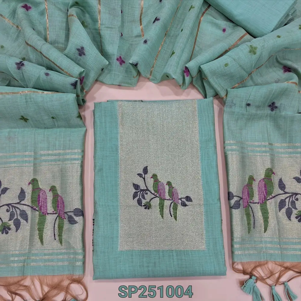 Pastel blue designer jamdani woven premium silk cotton unstitched salwar material, paithani weaving on yoke(lining needed)matching silk cotton bottom, jamdani woven premium silk cotton dupatta with paithani weaving pallu. CODE SP251004