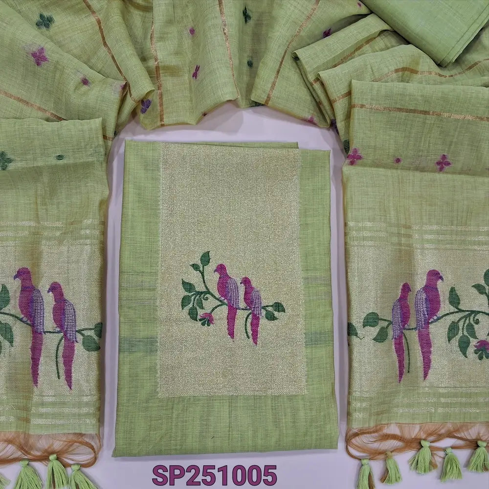 Pastel green designer jamdani woven premium silk cotton unstitched salwar material, paithani weaving on yoke(lining needed)matching silk cotton bottom, jamdani woven premium silk cotton dupatta with paithani weaving pallu. CODE SP251005