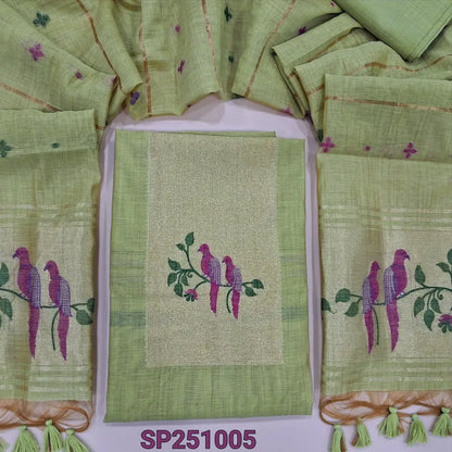 Pastel green designer jamdani woven premium silk cotton unstitched salwar material, paithani weaving on yoke(lining needed)matching silk cotton bottom, jamdani woven premium silk cotton dupatta with paithani weaving pallu. CODE SP251005