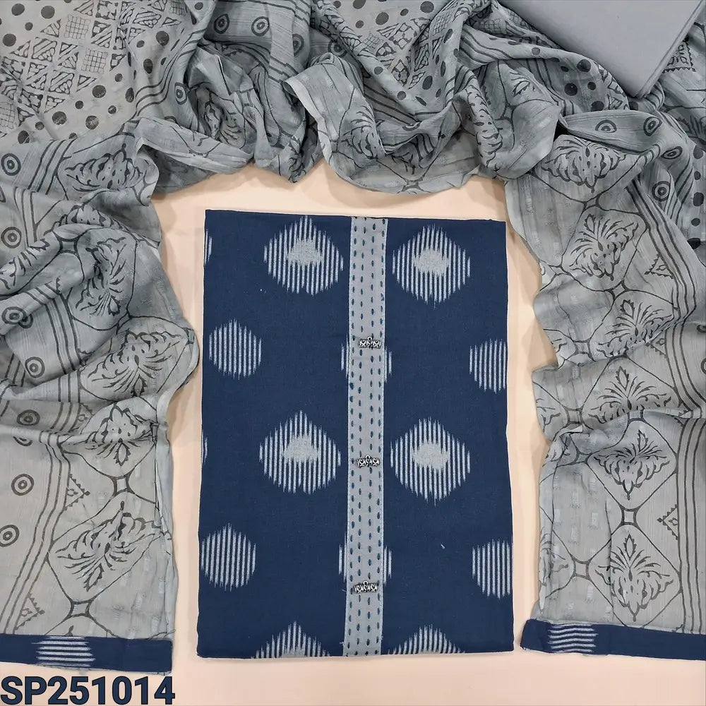 Navy blue printed pure cotton unstitched salwar material, fancy buttons& kantha stitch work on yoke(lining optional)grey cotton bottom, printed jakard mul cotton dupatta. CODE SP251014