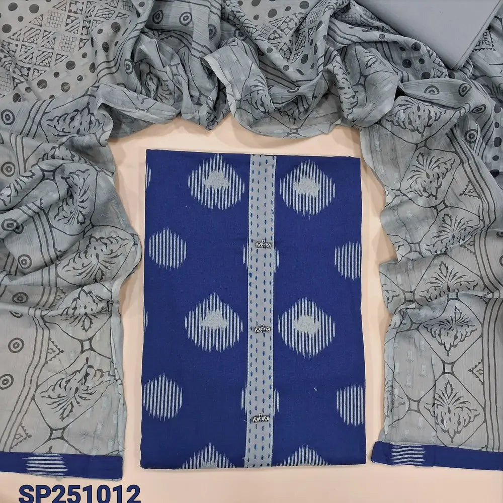 Ink blue printed pure cotton unstitched salwar material, fancy buttons& kantha stitch work on yoke(lining optional)grey cotton bottom, printed jakard mul cotton dupatta. CODE SP251012