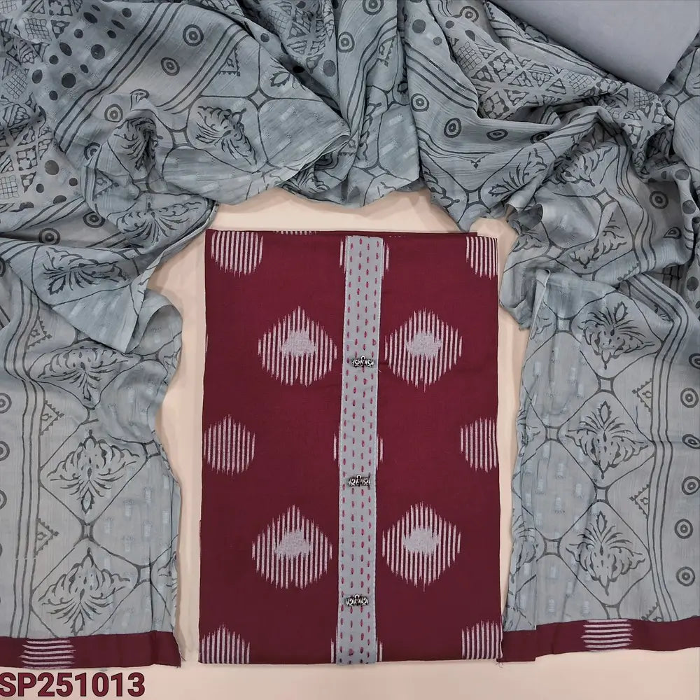Dark maroon printed pure cotton unstitched salwar material, fancy buttons& kantha stitch work on yoke(lining optional)grey cotton bottom, printed jakard mul cotton dupatta. CODE SP251013