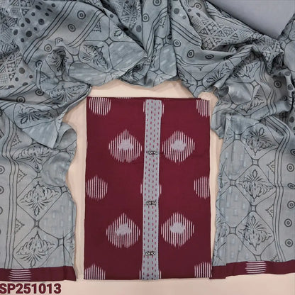 Dark maroon printed pure cotton unstitched salwar material, fancy buttons& kantha stitch work on yoke(lining optional)grey cotton bottom, printed jakard mul cotton dupatta. CODE SP251013