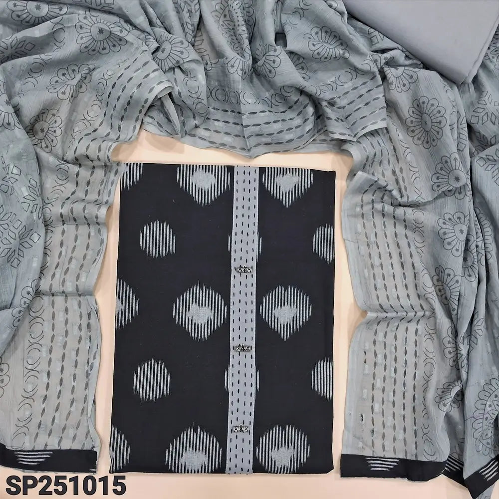 Black printed pure cotton unstitched salwar material, fancy buttons& kantha stitch work on yoke(lining optional)grey cotton bottom, printed jakard mul cotton dupatta. CODE SP251015