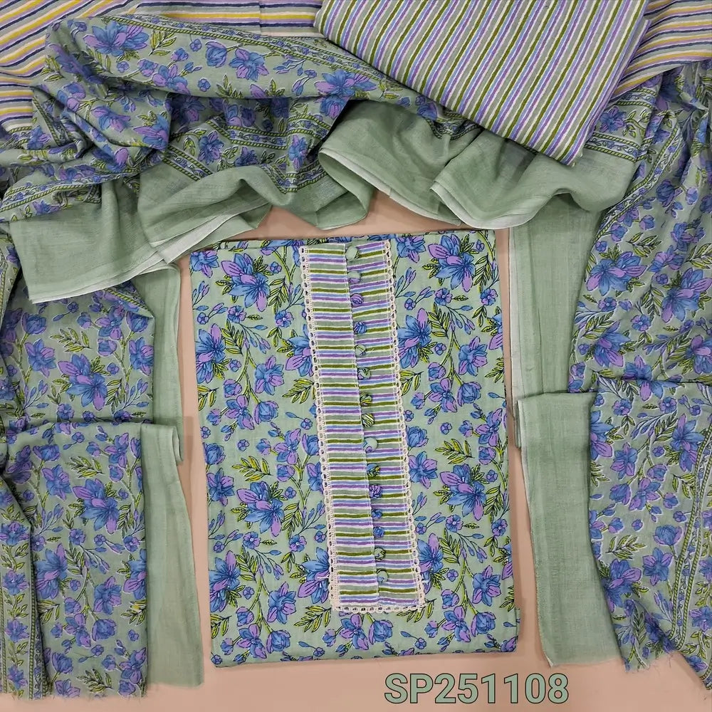 Pastel green base printed soft cotton unstitched salwar material, potli buttons on yoke(lining needed)multi color striped cotton bottom, printed cotton full length dupatta(REQUIRES TAPINGS). CODE SP251108